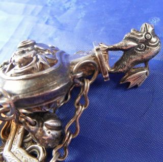 STUNNING ANTIQUE SILVER & CARNELIAN CHINESE DRAGON & BUTTERFLY CHATELAIN 8