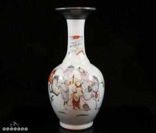 Antique Chinese 18th / 19th Century Famille Rose Porcelain & Pewter Vase