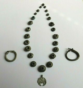 Ancient Viking Silver Necklace & Earrings 10 - 12 Century Ad Rare 44,  57g.