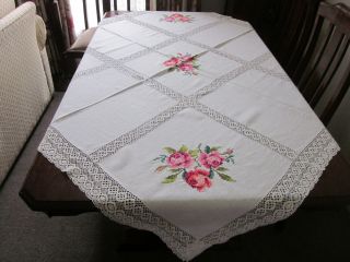 Large Pink Roses Cross Stitch Linen Tablecloth With Lace Inserts