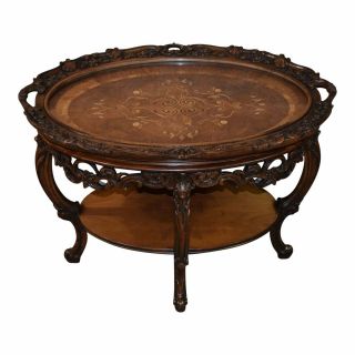 Vintage Spectacular Carved & Inlaid Cocktail Table With Glass Tray Top