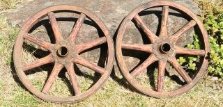 10 " Antique Wagon,  Cart,  Buggy Wheels/ 8 Wooden Spokes/ Iron Bound
