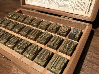 Vintage Ackerman - Gould Letterpress Printing Type Brass Blocks w/ Wood Case 3