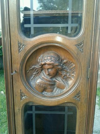 antique single door hand carved wooden cabinet w/skeleton key Pandora box 1900s 10