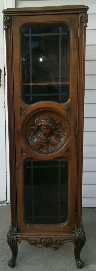 antique single door hand carved wooden cabinet w/skeleton key Pandora box 1900s 12