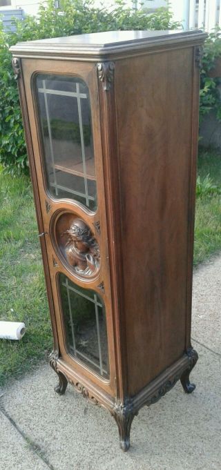 antique single door hand carved wooden cabinet w/skeleton key Pandora box 1900s 3