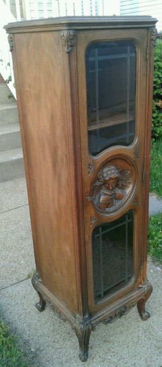 antique single door hand carved wooden cabinet w/skeleton key Pandora box 1900s 5