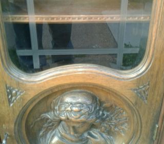 antique single door hand carved wooden cabinet w/skeleton key Pandora box 1900s 7