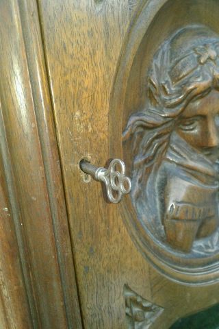 antique single door hand carved wooden cabinet w/skeleton key Pandora box 1900s 8