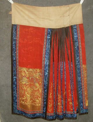 Antique Chinese Skirt DRAGON & PHOENIX Metallic Thread Embroidery Textile 12