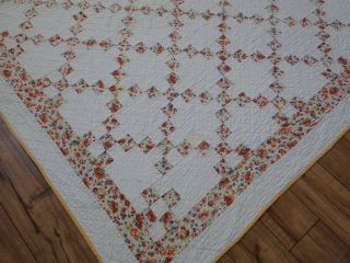 Vintage 30 - 50s Yellow Orange Blue Floral Print IRISH CHAIN QUILT 82 