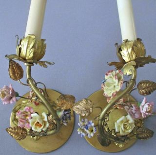 Pr Antique C1900 French Gilt Bronze 2 - Candle Wall Sconces W Porcelain Flowers