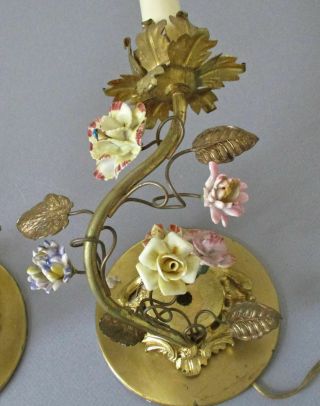 Pr Antique c1900 French GILT Bronze 2 - Candle Wall Sconces w Porcelain FLOWERS 2