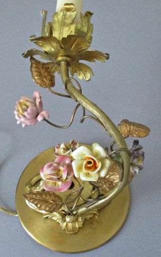 Pr Antique c1900 French GILT Bronze 2 - Candle Wall Sconces w Porcelain FLOWERS 3