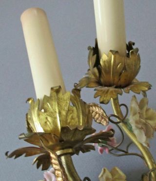 Pr Antique c1900 French GILT Bronze 2 - Candle Wall Sconces w Porcelain FLOWERS 4