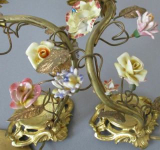 Pr Antique c1900 French GILT Bronze 2 - Candle Wall Sconces w Porcelain FLOWERS 5