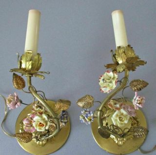 Pr Antique c1900 French GILT Bronze 2 - Candle Wall Sconces w Porcelain FLOWERS 7