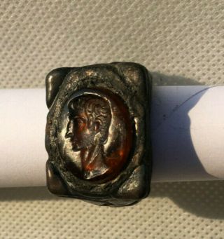 Ancient Roman Bronze With Amber Emperor Ring R0026