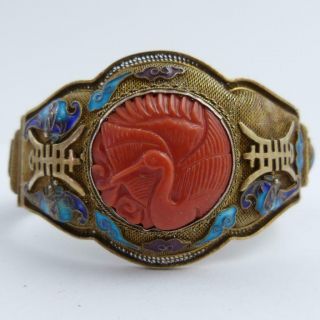 Antique Chinese Filigree Silver Gilt,  Cloisonne And Carved Coral Bracelet