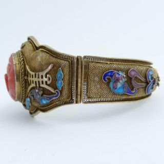 ANTIQUE CHINESE FILIGREE SILVER GILT,  CLOISONNE AND CARVED CORAL BRACELET 3