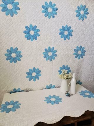 Finely Quilted Vintage 50s Blue & White Applique DAISY Quilt & Pillow Cover 2