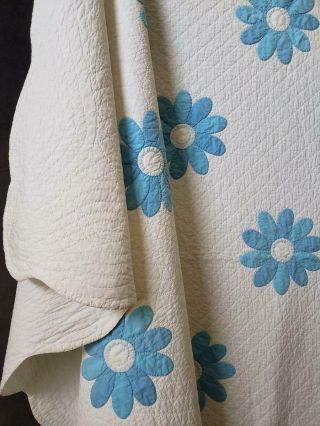 Finely Quilted Vintage 50s Blue & White Applique DAISY Quilt & Pillow Cover 3