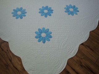 Finely Quilted Vintage 50s Blue & White Applique DAISY Quilt & Pillow Cover 4