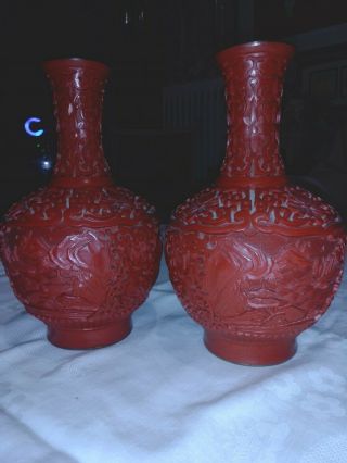 Rare 2 Antique Chinese Cinnabar Lacquer Mirror Pair Vases 17.  5cm/6.  88inches