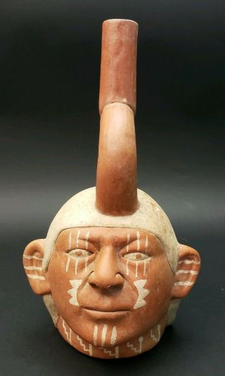 Pre Columbian Or Later Moche Portrait Figural Stirrup Vessel