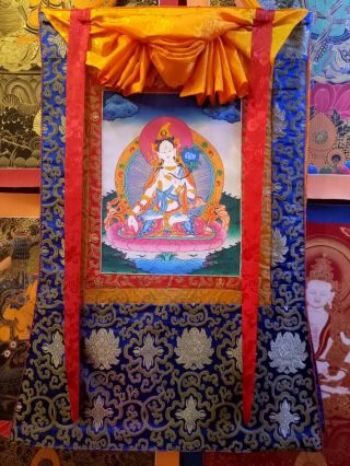 Handpainted Tibetan White Tara Buddha Thangka Chinese Buddhist Painting Dharma