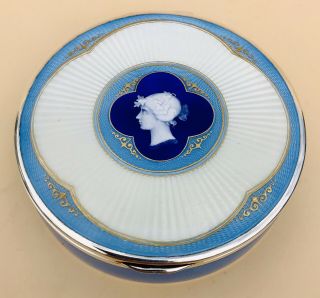 LOVELY LARGE CIRCULAR GERMAN SOLID SILVER GUILLOCHE ENAMEL BOX,  C1900 168g 2