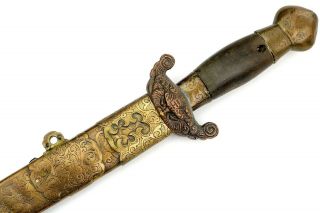 Rare Unusual 19th C.  Chinese Jian Sword In Gilt Copper Mounts W Engraved Blade