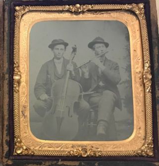 6th Plate Tintype Of Twin Brothers Musicians Playing Cello And Flute.