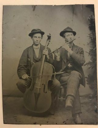 6th Plate Tintype of Twin Brothers Musicians Playing Cello And Flute. 2