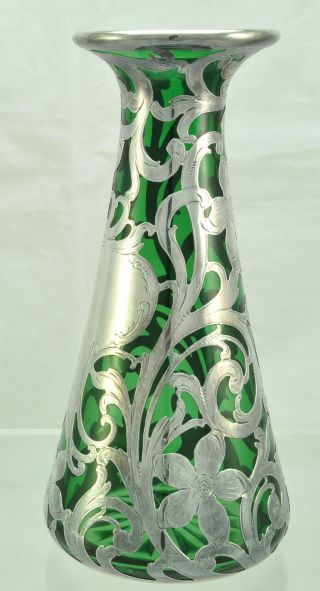 Antique Alvin Floral Heavy Silver Overlay Green Cut Glass Tall Vase Circa 1900