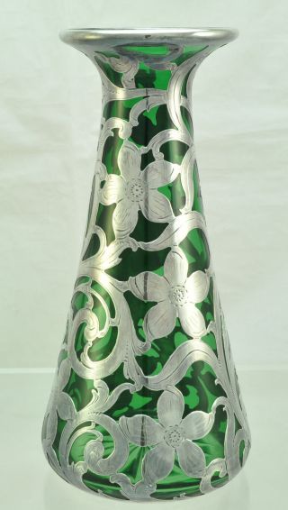 Antique Alvin Floral Heavy Silver Overlay Green Cut Glass Tall Vase circa 1900 2