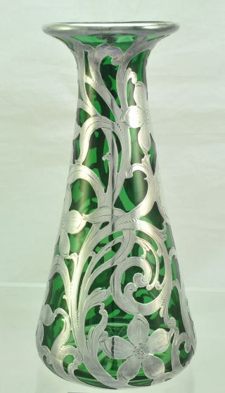 Antique Alvin Floral Heavy Silver Overlay Green Cut Glass Tall Vase circa 1900 3