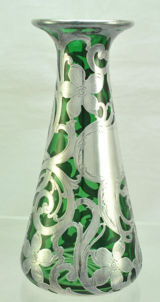 Antique Alvin Floral Heavy Silver Overlay Green Cut Glass Tall Vase circa 1900 4
