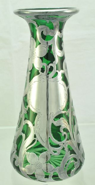 Antique Alvin Floral Heavy Silver Overlay Green Cut Glass Tall Vase circa 1900 5