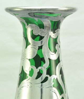 Antique Alvin Floral Heavy Silver Overlay Green Cut Glass Tall Vase circa 1900 6