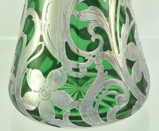 Antique Alvin Floral Heavy Silver Overlay Green Cut Glass Tall Vase circa 1900 7