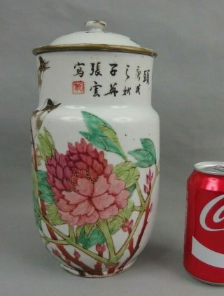Antique Chinese Porcelain Covered Vase W Birds Flowers & Calligraphy 19th C.