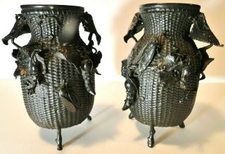 Heavy Antique Pr Japanese Bronze Vases Insects Plants Signed Lissai Edo