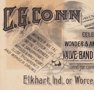 CG Conn 1890 ' s Cornet Saxophone Trombone Band Instruments Elkhart Worcester Card 4