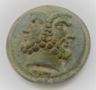 Ancient Greek Ae Bronze Token With Two Faces And Galley Ship Extremely Unusual