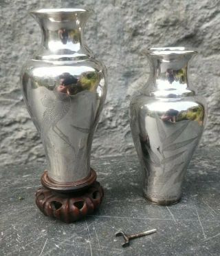 Pair 19thc Japanese Meiji Period Solid Silver Vases Ho - Ho Birds,  One Stand Only