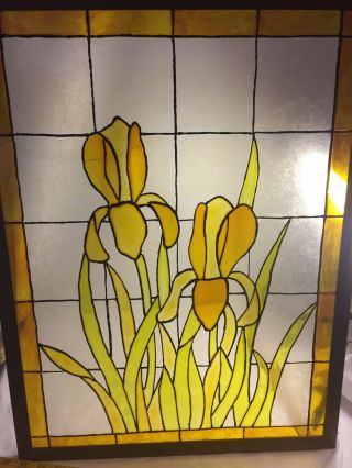Antique Handcrafted Stained Glass Window Panel Iris Flowers Yellow 18”l X 23 " H