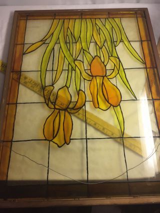 Antique Handcrafted STAINED GLASS WINDOW Panel Iris Flowers Yellow 18”L x 23 