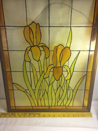 Antique Handcrafted STAINED GLASS WINDOW Panel Iris Flowers Yellow 18”L x 23 