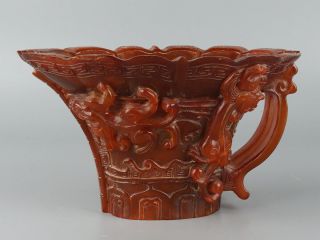 Chinese Exquisite Hand - carved Dragon brave troops carving OX horn cup 2